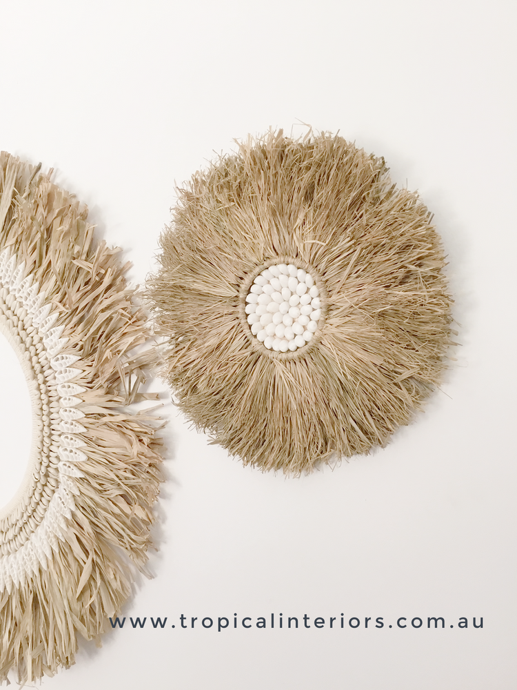 
            
                Load image into Gallery viewer, Montego Raffia &amp;amp; White Shell Juju Hat Wall Hanging - Tropical Interiors
            
        