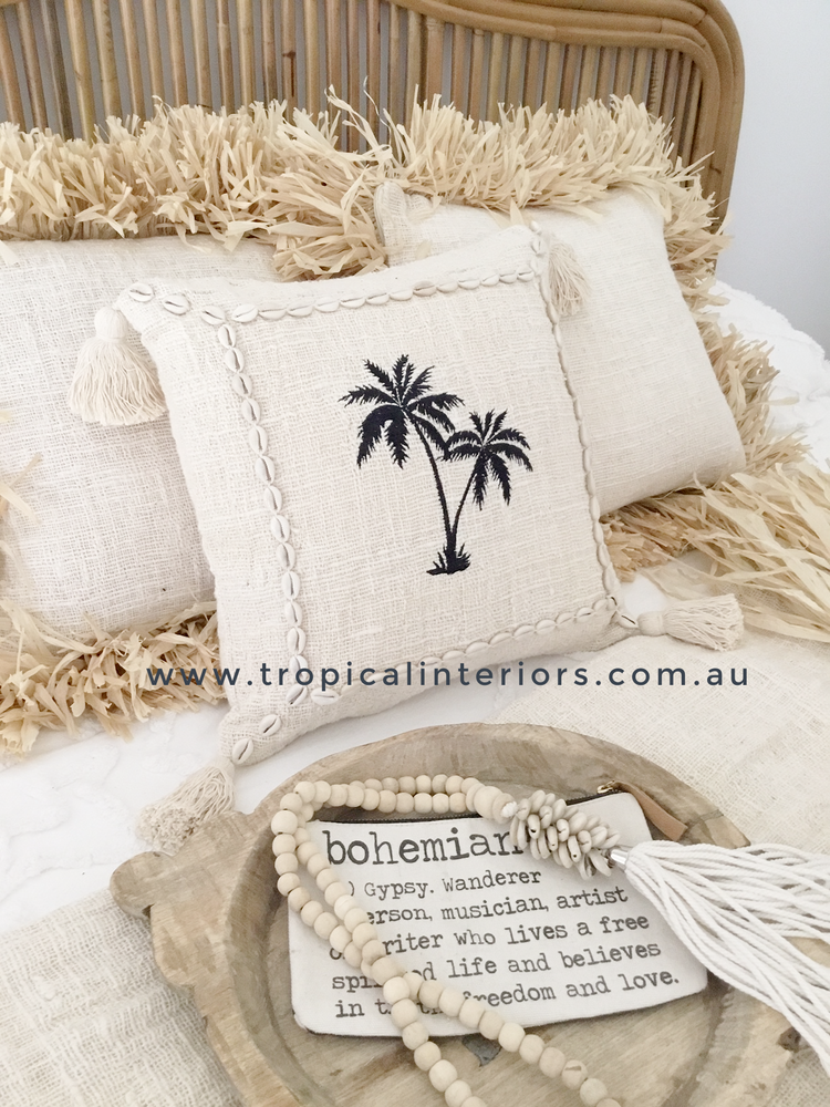 Island Palms Cushion Cover - Cowrie Shell Trim - Tropical Interiors