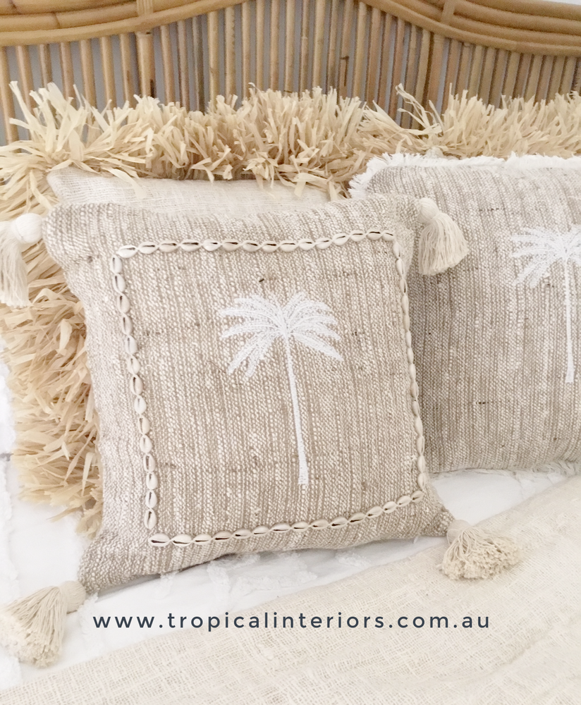 
            
                Load image into Gallery viewer, Caribbean Palms &amp;amp; Cowrie Cushion Cover - Tropical Interiors
            
        
